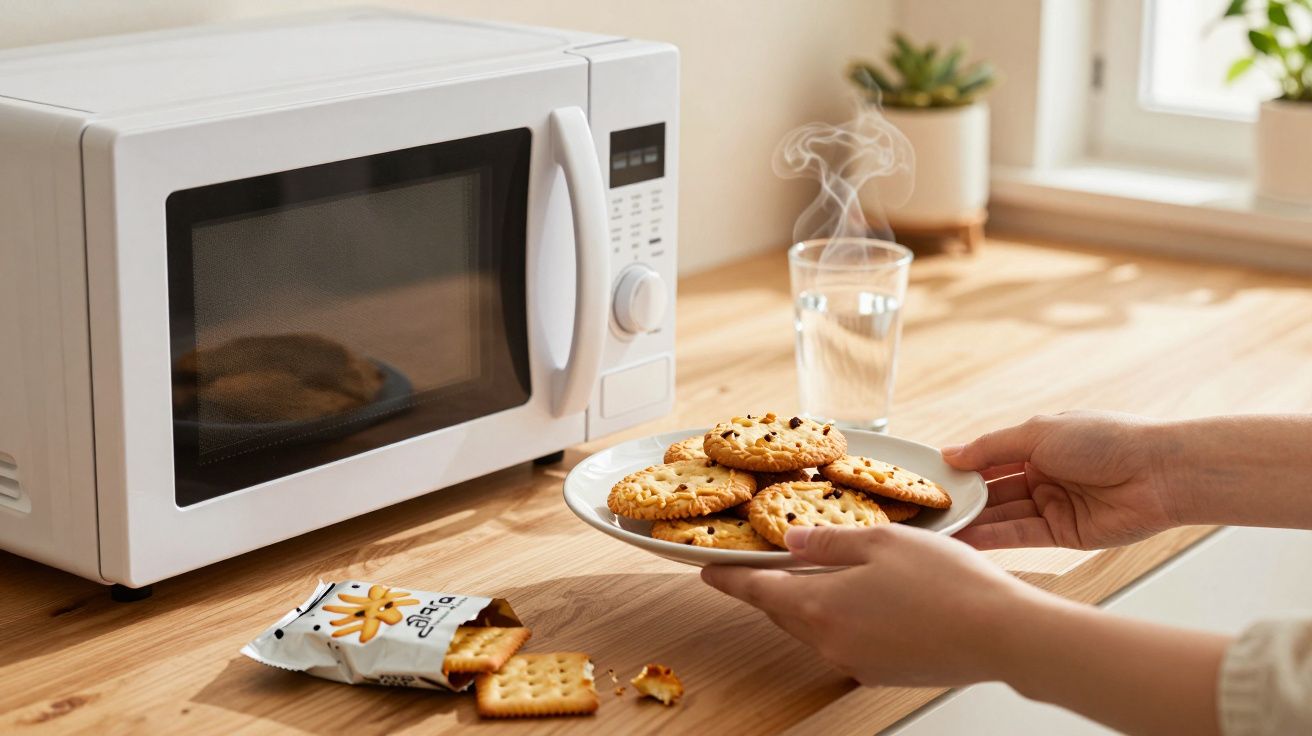 Mãos seguram prato com bolachas quentes ao lado de micro-ondas numa cozinha iluminada.
