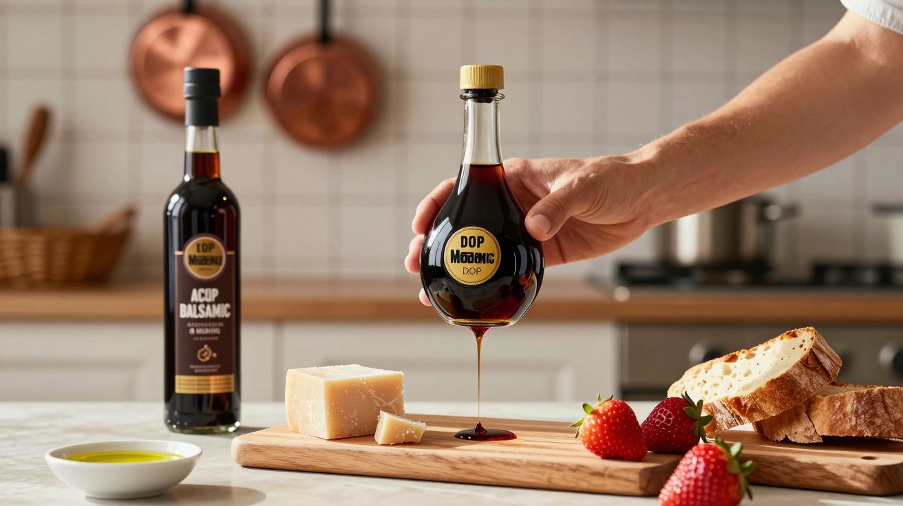 Mão derramando vinagre balsâmico em tábua com queijo, morangos e pão em cozinha contemporânea.