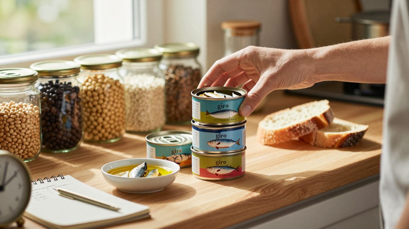 Pessoa a organizar latas de conserva de peixe numa cozinha com frascos de legumes e pão ao fundo.