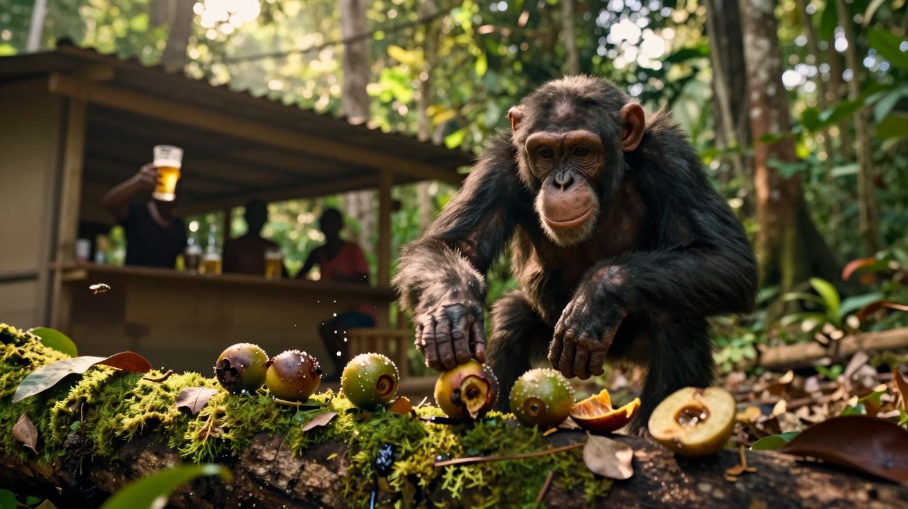 Chimpanzé a mexer em frutos numa floresta, com pessoas ao fundo num bar rústico a beber.