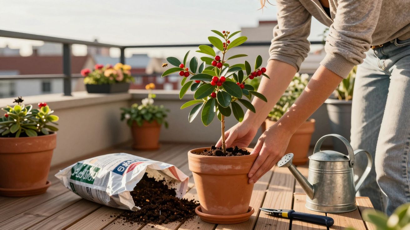 Pessoa a transplantar planta com frutos vermelhos num vaso de barro numa varanda com várias plantas.