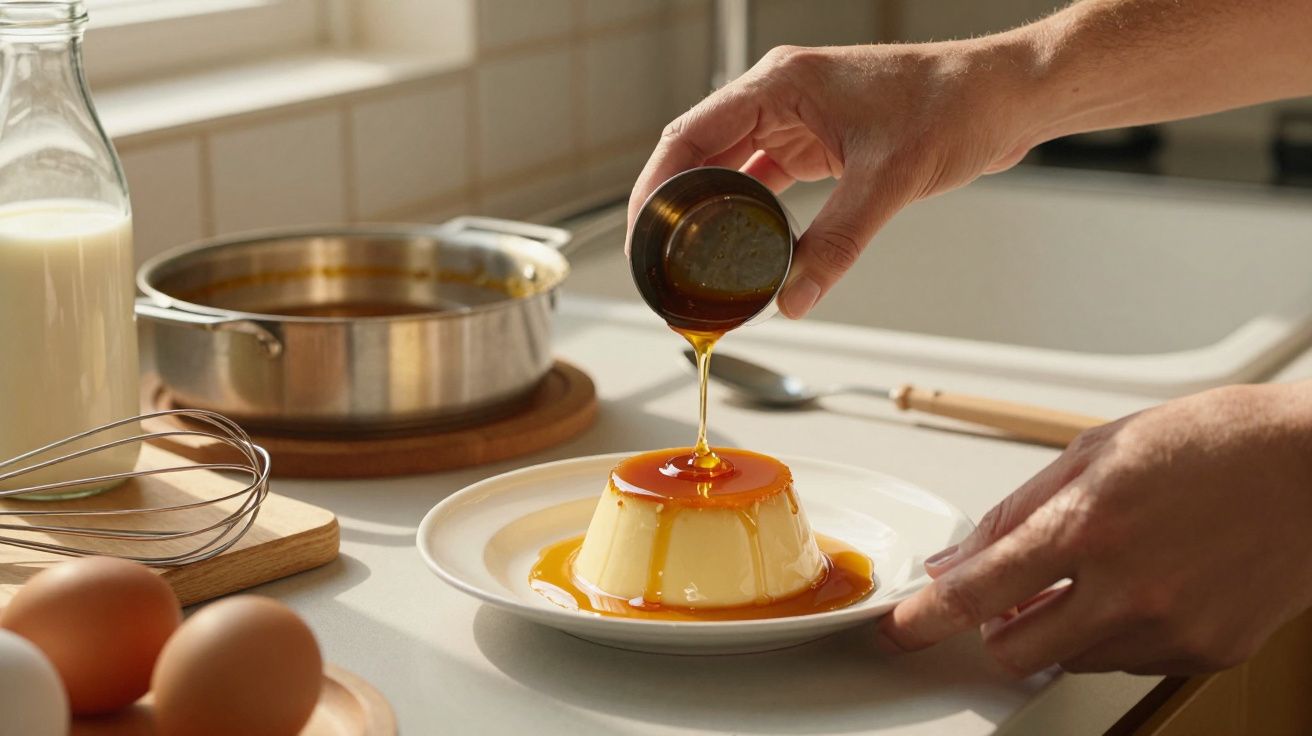 Pessoa a verter caramelo líquido sobre pudim em prato branco numa cozinha iluminada.