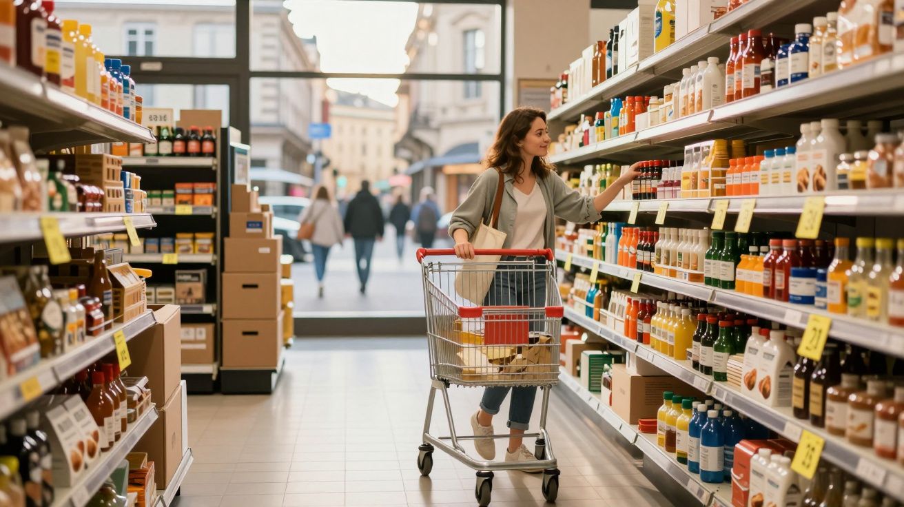 Mulher a fazer compras no corredor de bebidas num supermercado iluminado e organizado.
