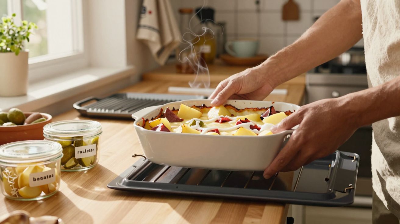 Pessoa a retirar prato de batatas raclette do forno numa cozinha luminosa.