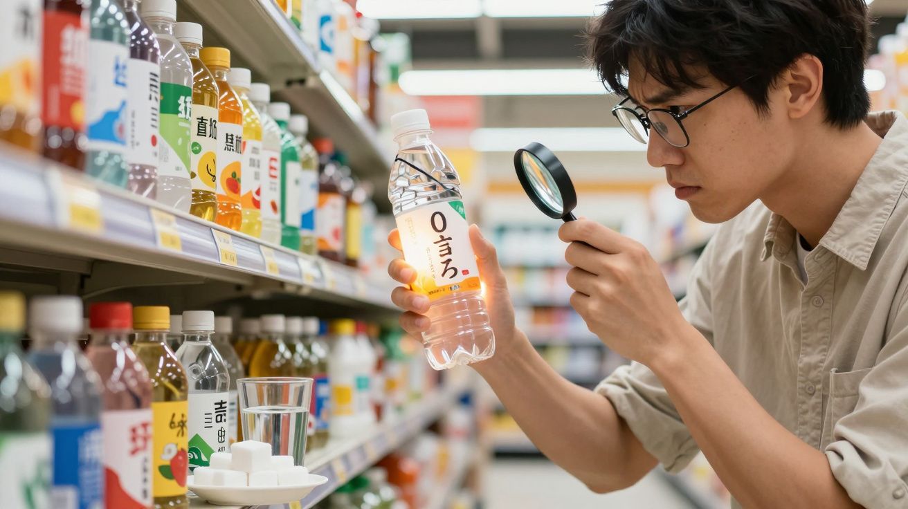 Homem com óculos examina rótulo de garrafa de bebida transparente com lupa numa prateleira de supermercado.