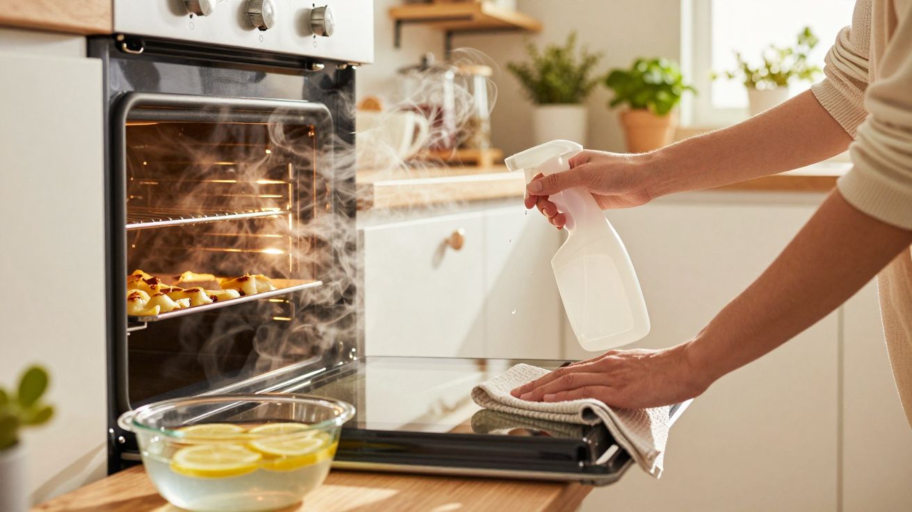 Pessoa a limpar a porta de um forno aberto com spray e pano na cozinha iluminada.