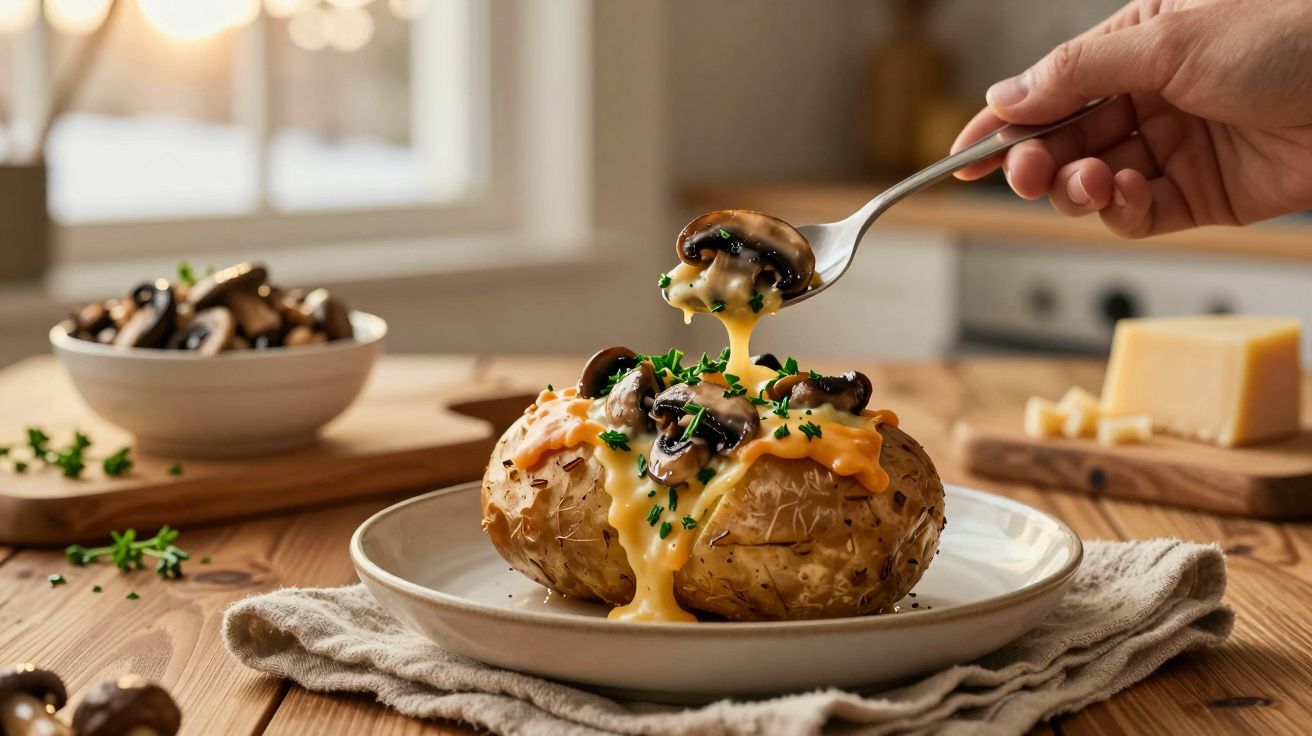 Batata assada com molho de queijo, cogumelos salteados e cebolinho numa taça branca.