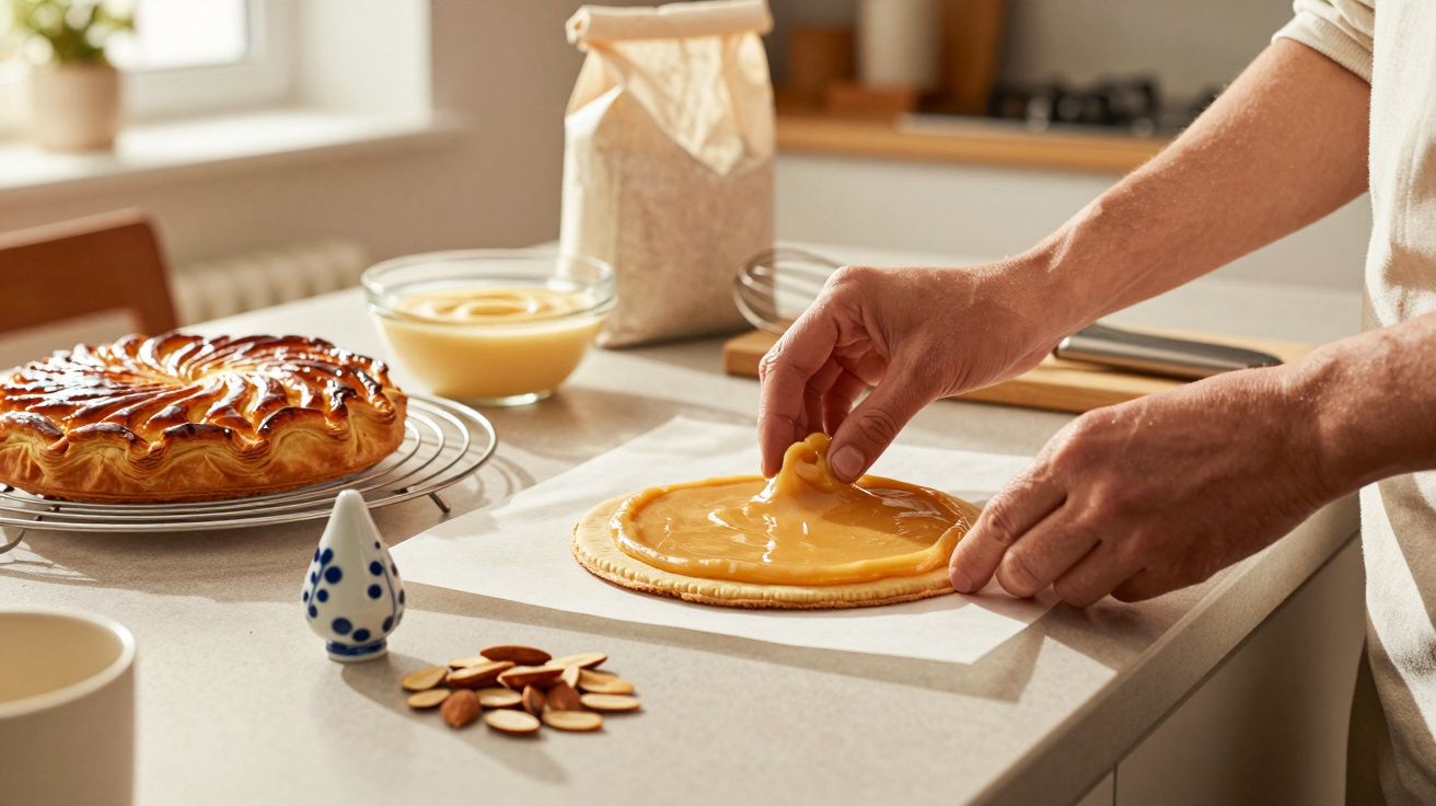 Pessoa a preparar um doce tradicional com massa e recheio cremoso numa cozinha iluminada.