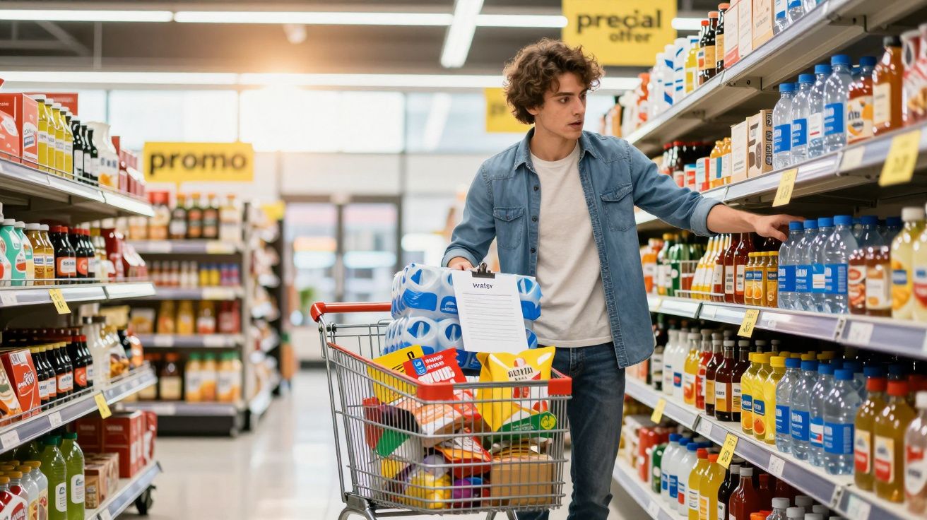 Jovem com carrinho cheio de compras escolhe garrafa numa prateleira de supermercado.