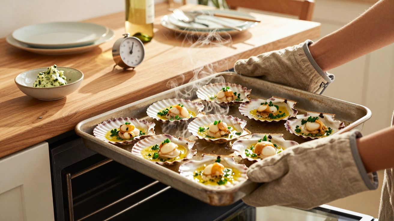 Pessoa a retirar do forno um tabuleiro de vieiras com molho, usando luvas de forno numa cozinha moderna.