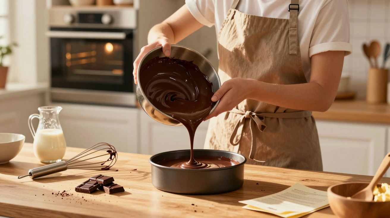 Pessoa a verter chocolate derretido numa forma redonda numa cozinha moderna.
