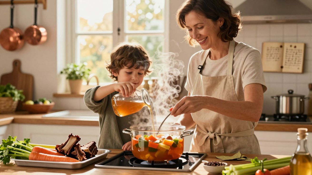 Criança e mulher a cozinhar juntos numa cozinha luminosa preparando sopa com legumes frescos e caldo.