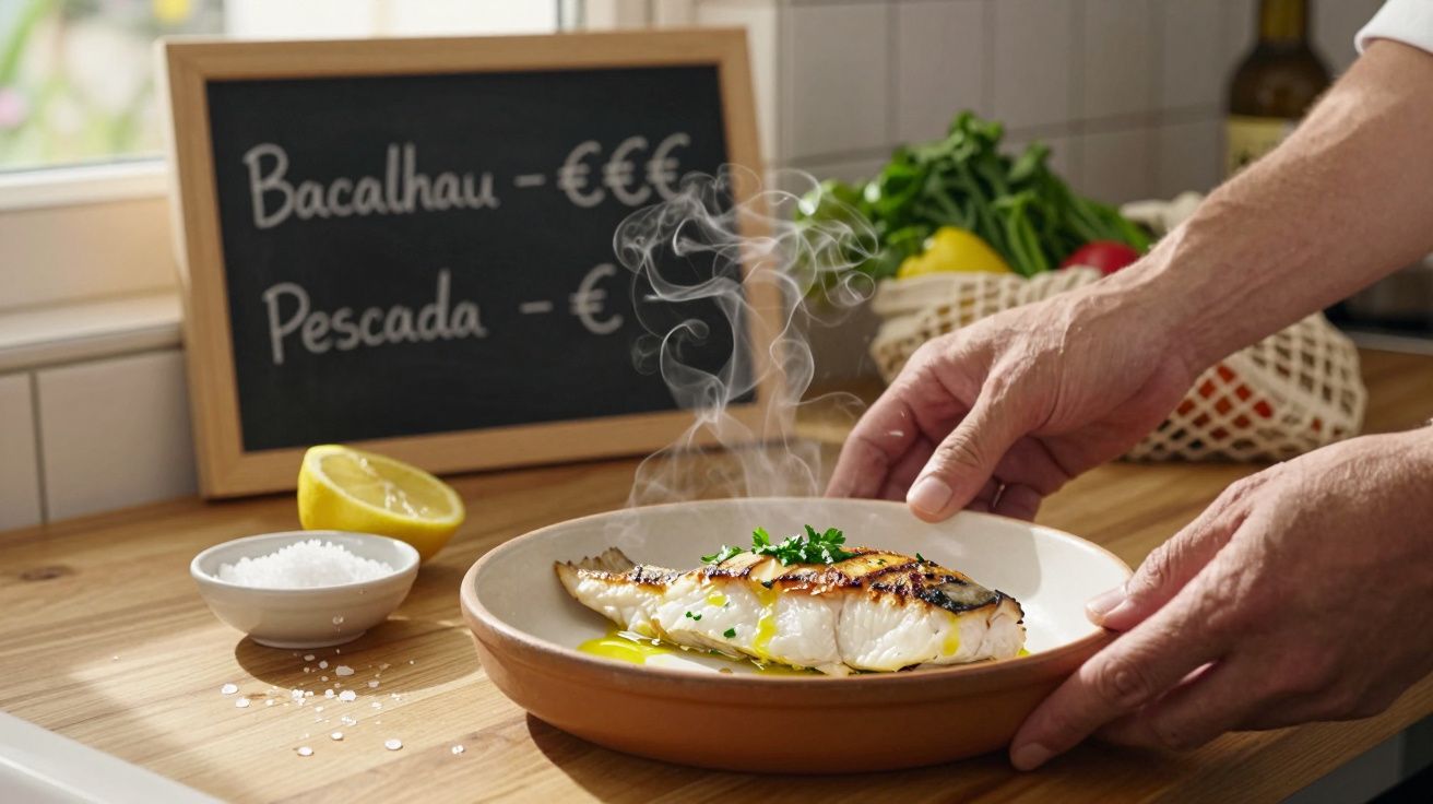 Prato com posta de peixe grelhado, com sal e limão ao lado, mãos a servir na cozinha com quadro de preços ao fundo.