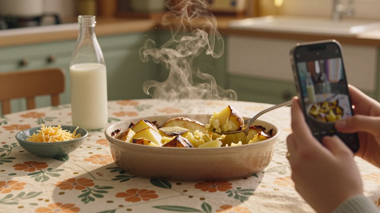 Batatas quentes fumegantes num prato, mesa com jarra de leite e taça de queijo, pessoa tira foto com telemóvel.