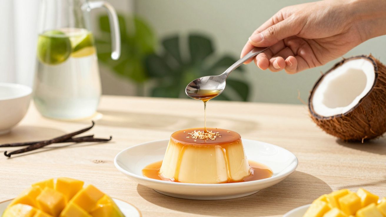 Flan com caramelo num prato branco, com uma mão a derramar mel ou caramelo com uma colher.