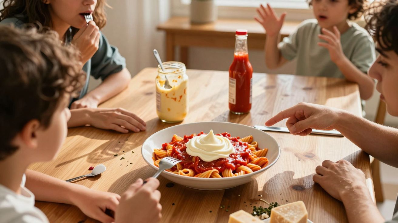 Família reunida à mesa à volta de prato de massa com molho vermelho e queijo cremoso no centro.