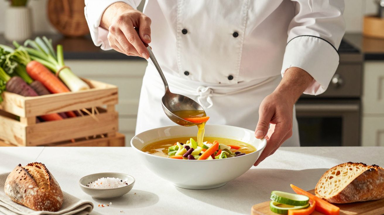 Cozinheiro a servir sopa de legumes numa tigela branca, com pão e vegetais frescos na mesa.