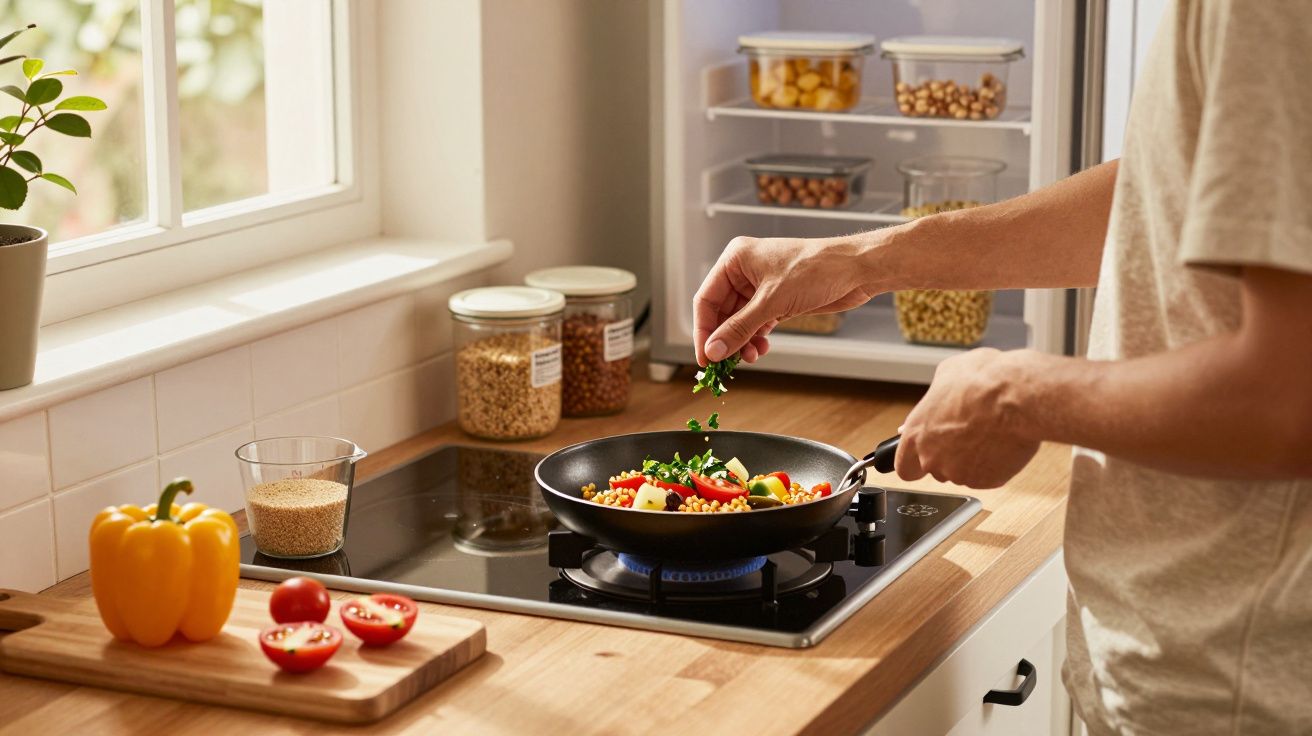 Pessoa a cozinhar legumes numa frigideira numa cozinha iluminada com legumes frescos ao lado.