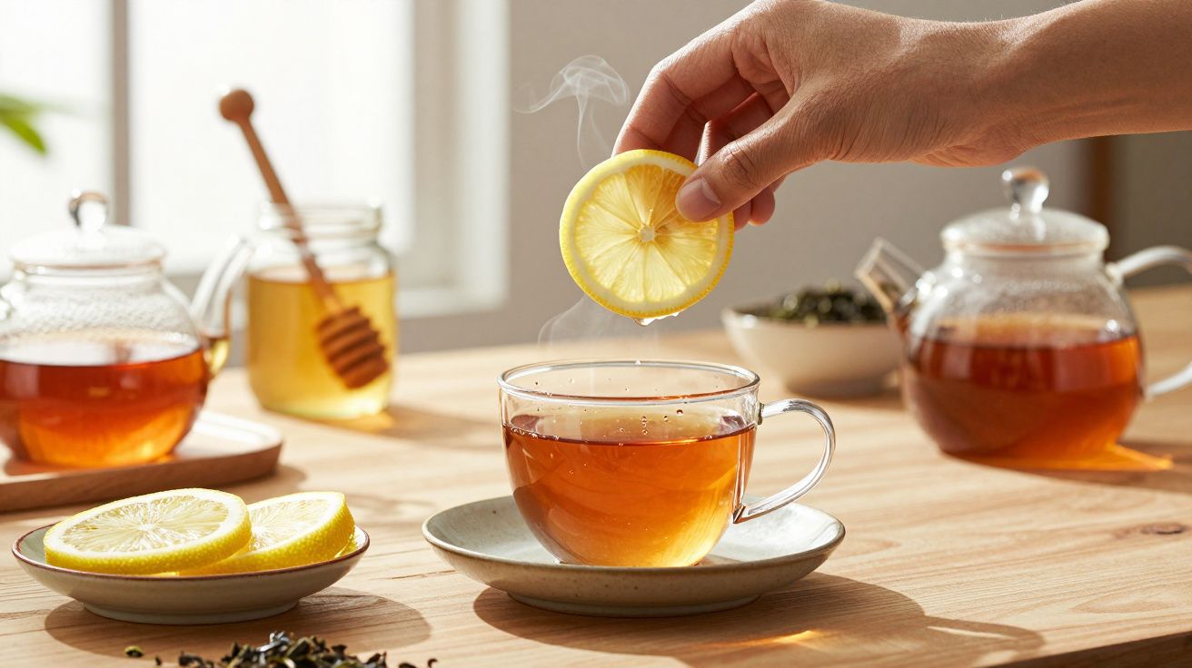 Mão a colocar uma rodela de limão numa chávena de chá quente sobre uma mesa de madeira com mel e bules.