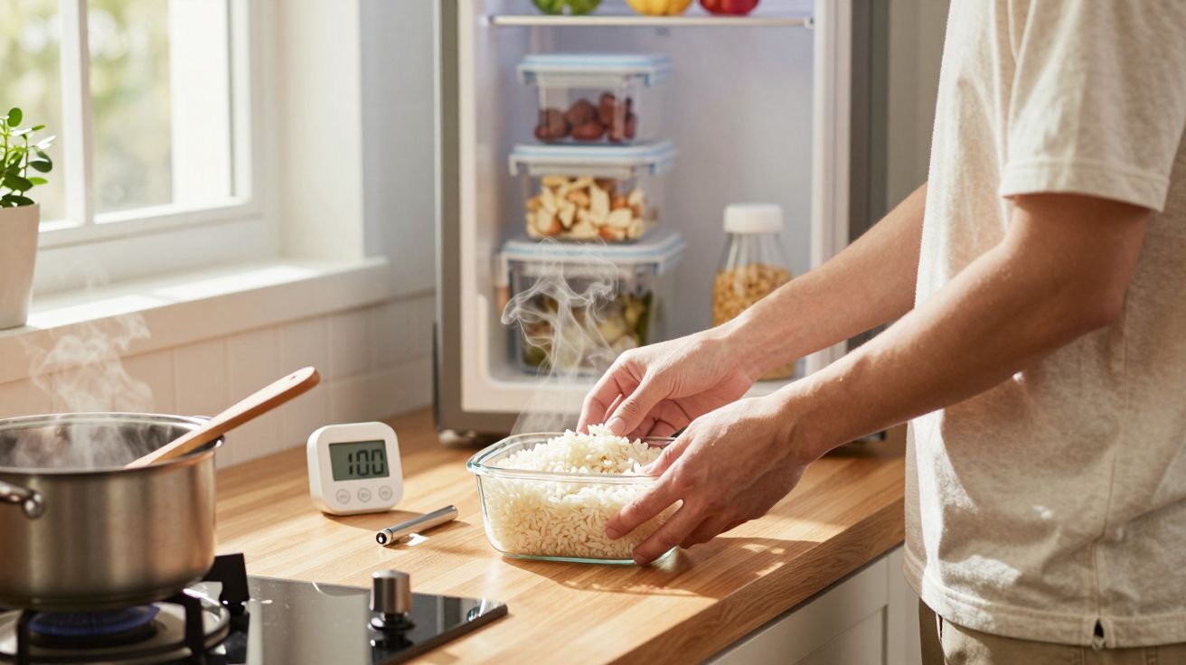 Pessoa a guardar arroz cozido num recipiente transparente numa cozinha moderna com temporizador digital e panela no fogão.
