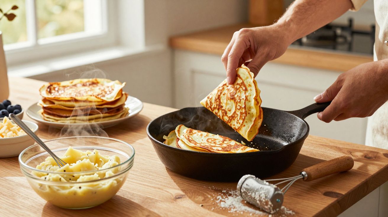 Pessoa a cozinhar crepes numa frigideira preta numa cozinha clara com pratos e ingredientes sobre a bancada de madeira.