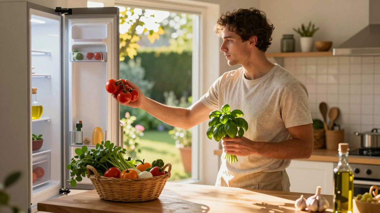 Homem a guardar tomates no frigorífico enquanto segura manjericão numa cozinha iluminada pelo sol.