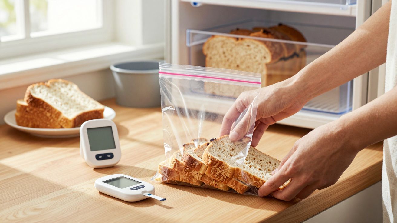Pessoa a guardar fatias de pão num saco plástico, com medidores de glicose numa bancada de cozinha.