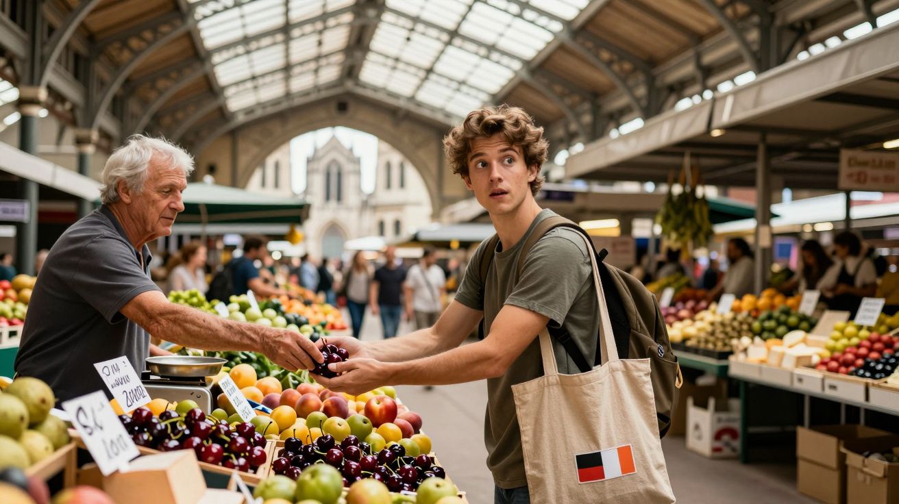 Homem jovem compra cerejas a vendedor idoso num mercado coberto com bancas de fruta colorida.