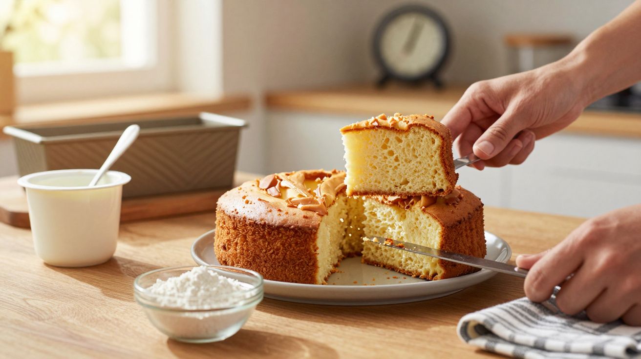 Pessoa a cortar fatia de bolo amarelo com amêndoas numa mesa de madeira com utensílios de cozinha.