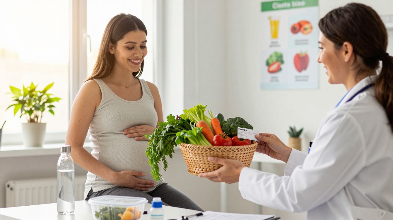 Mulher grávida sorri ao receber cesto com legumes frescos de nutricionista num consultório luminoso.