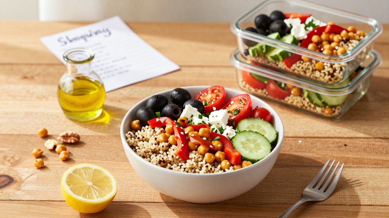 Tigela de salada com quinoa, grão-de-bico, tomate, pepino, azeitonas, queijo feta e pimentos sobre mesa de madeira.