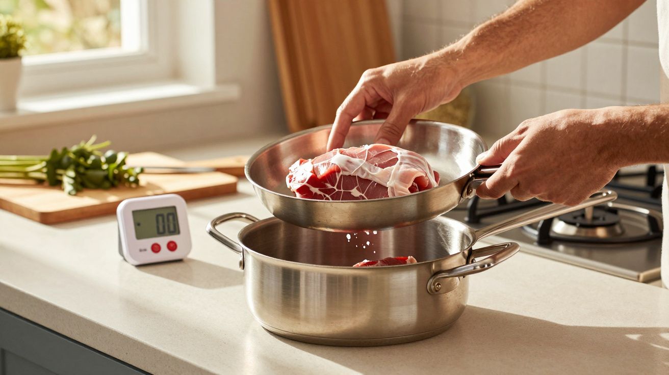 Mãos a colocar carne embrulhada em rede de cozinha numa panela de aço inox sobre bancada de cozinha.
