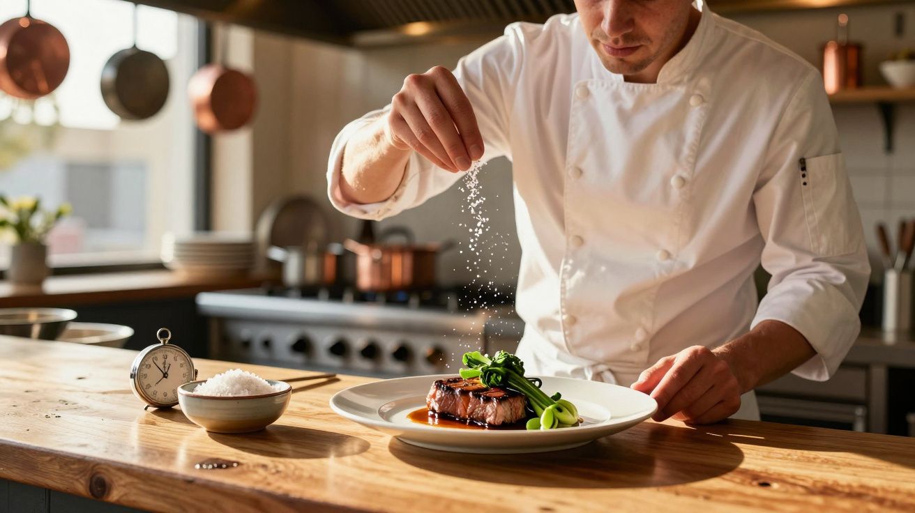 Chef a temperar delicadamente um prato de carne com legumes numa cozinha profissional bem iluminada.