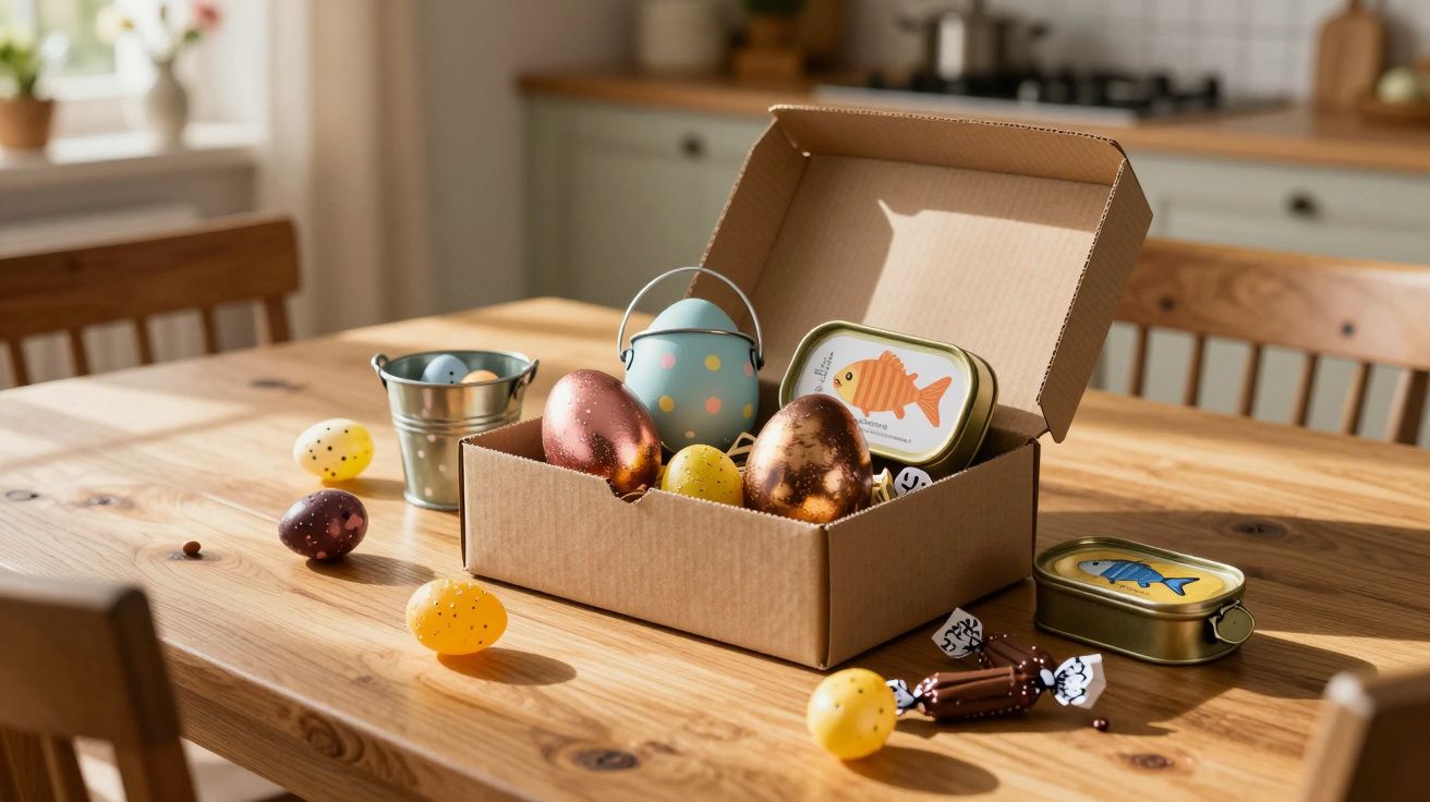 Caixa de cartão aberta com ovos de Páscoa coloridos e latas decorativas numa mesa de madeira.