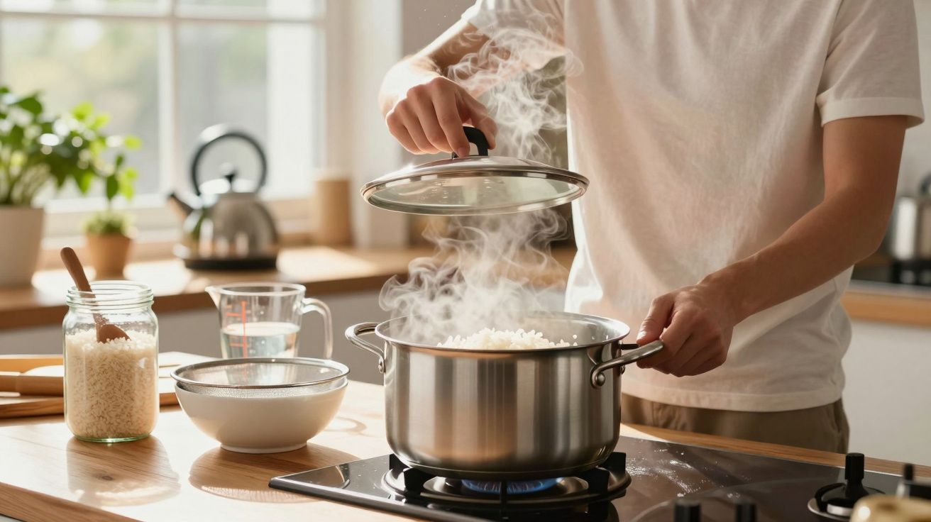 Pessoa a levantar a tampa de uma panela com arroz a vapor no fogão numa cozinha iluminada.