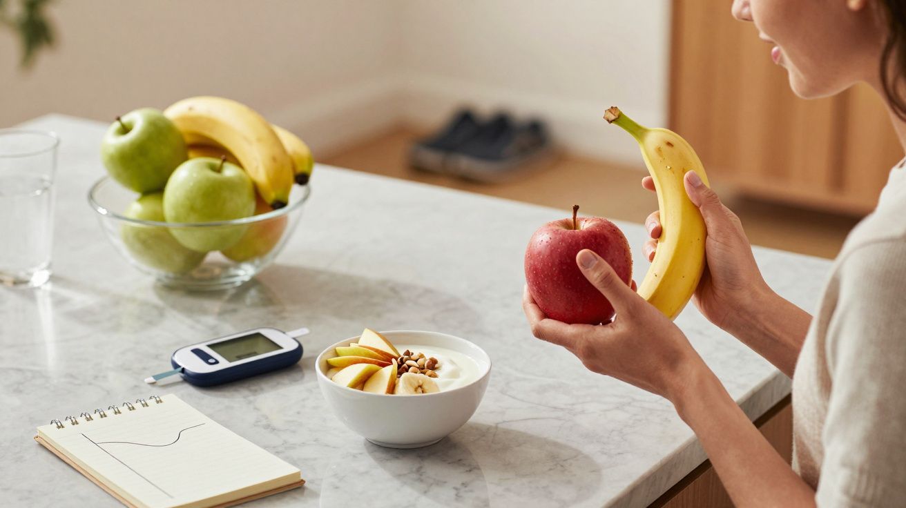 Pessoa segurando maçã e banana à mesa com tigela de iogurte, maçãs, bananas, aparelho de medição e caderno.