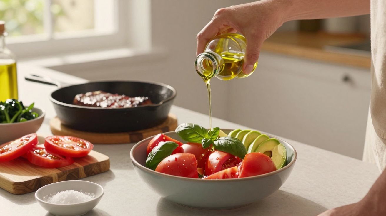 Mão a deitar azeite numa salada de tomate, abacate e manjericão numa cozinha iluminada.