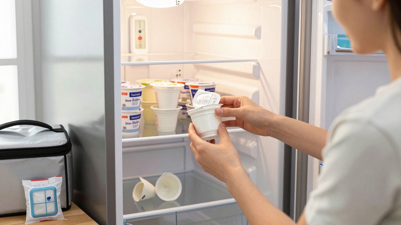 Pessoa a guardar copos de iogurte num frigorífico aberto com vários copos na prateleira.