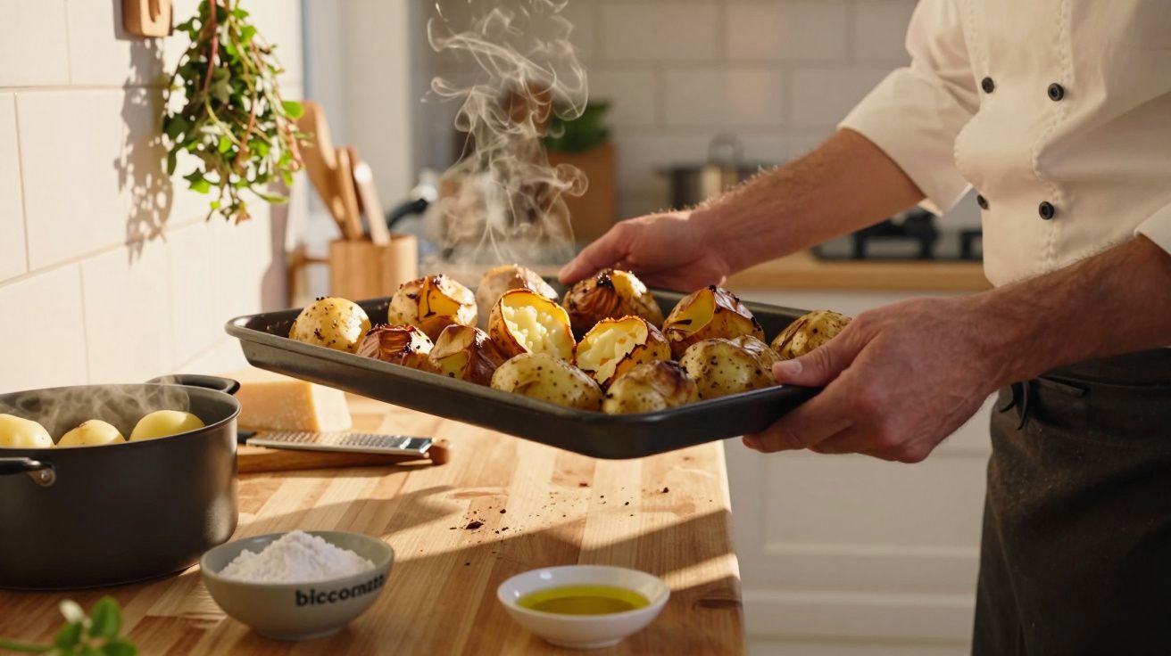 Mãos a segurar tabuleiro com batatas quentes acabadas de assar numa cozinha moderna.