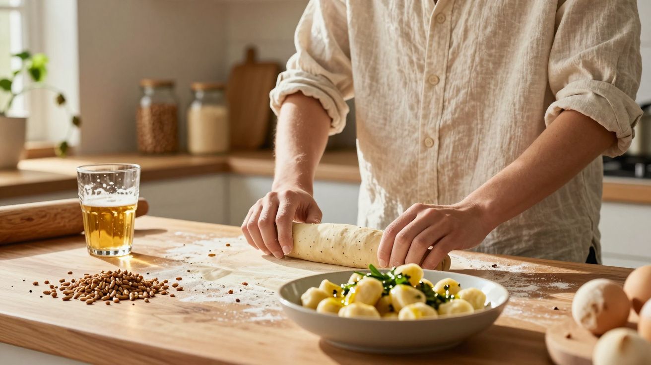 Pessoa a enrolar massa para preparar comida numa cozinha com ingredientes e bebida à volta.