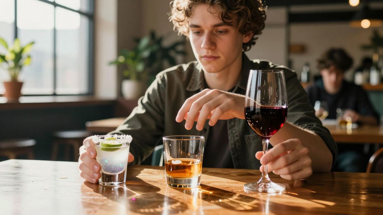 Jovem sentado numa mesa com três bebidas: cocktail, whisky e copo de vinho tinto.