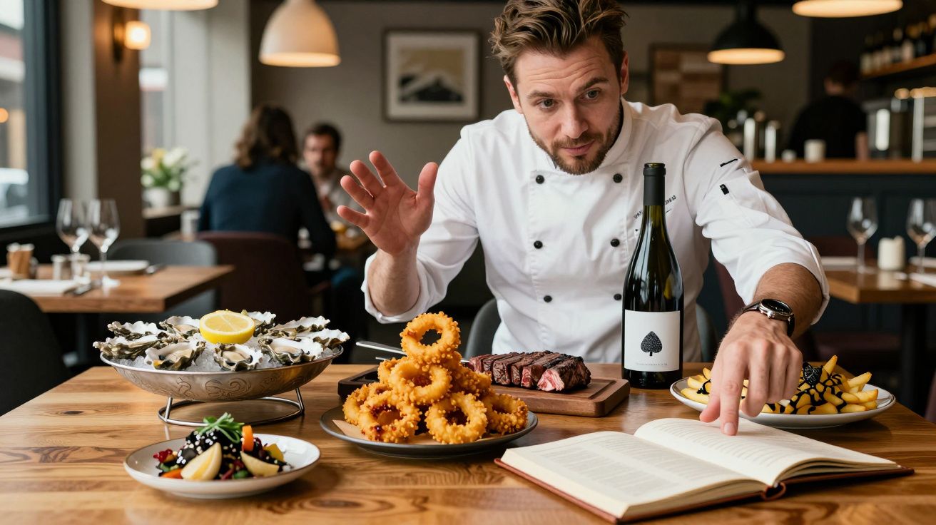 Chef explicando pratos diversos numa mesa de restaurante, com frutos do mar, anéis de cebola e vinho.