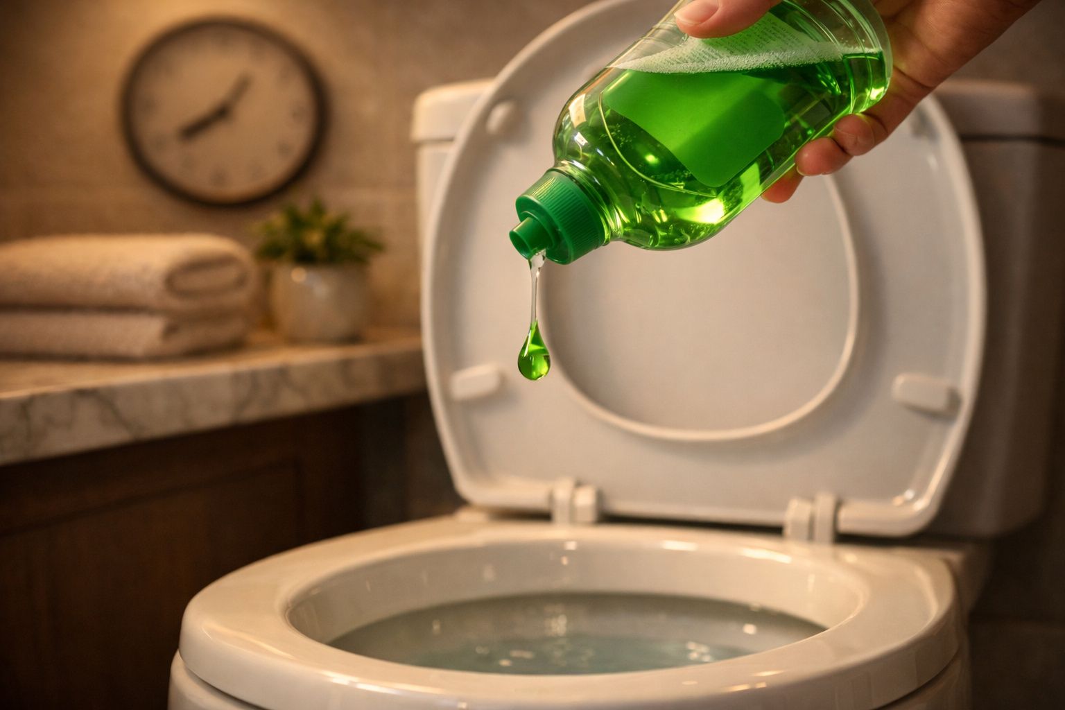 Mão a verter líquido verde de garrafa num sanitário aberto numa casa de banho com toalhas e relogio na parede.