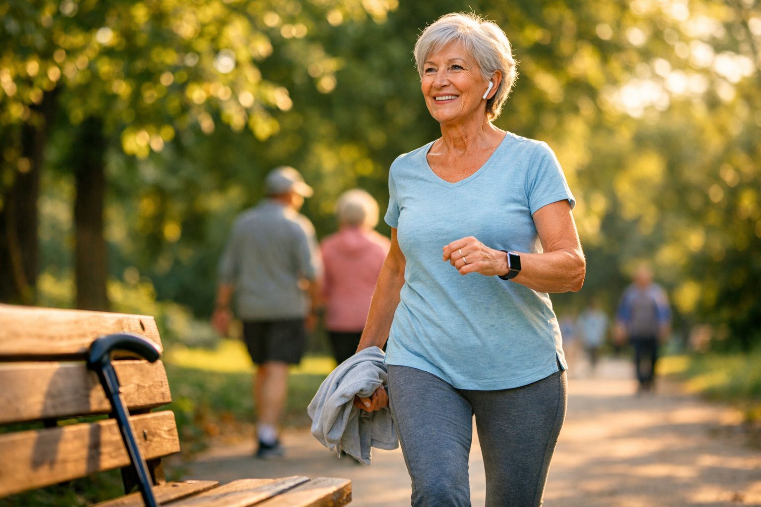 Mulher sénior sorridente a caminhar num parque ensolarado com roupa desportiva e auriculares brancos.