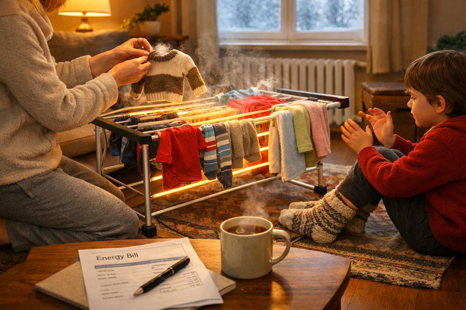 Criança aquece as mãos perto de aquecedor com roupa a secar, adulto segura camisola de lã, mesa com chá e conta de energia.