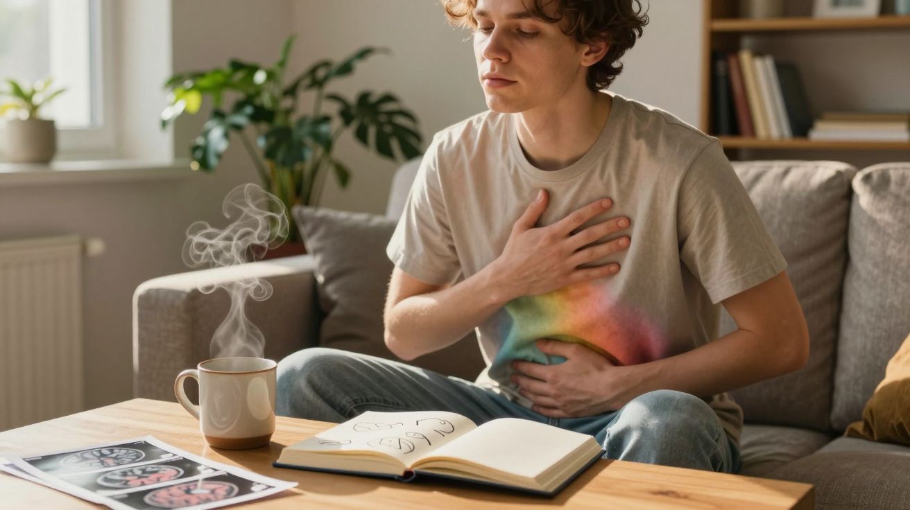 Jovem sentado no sofá com expressão de desconforto, segurando o peito e a barriga, ao lado de livro aberto e chá quente.
