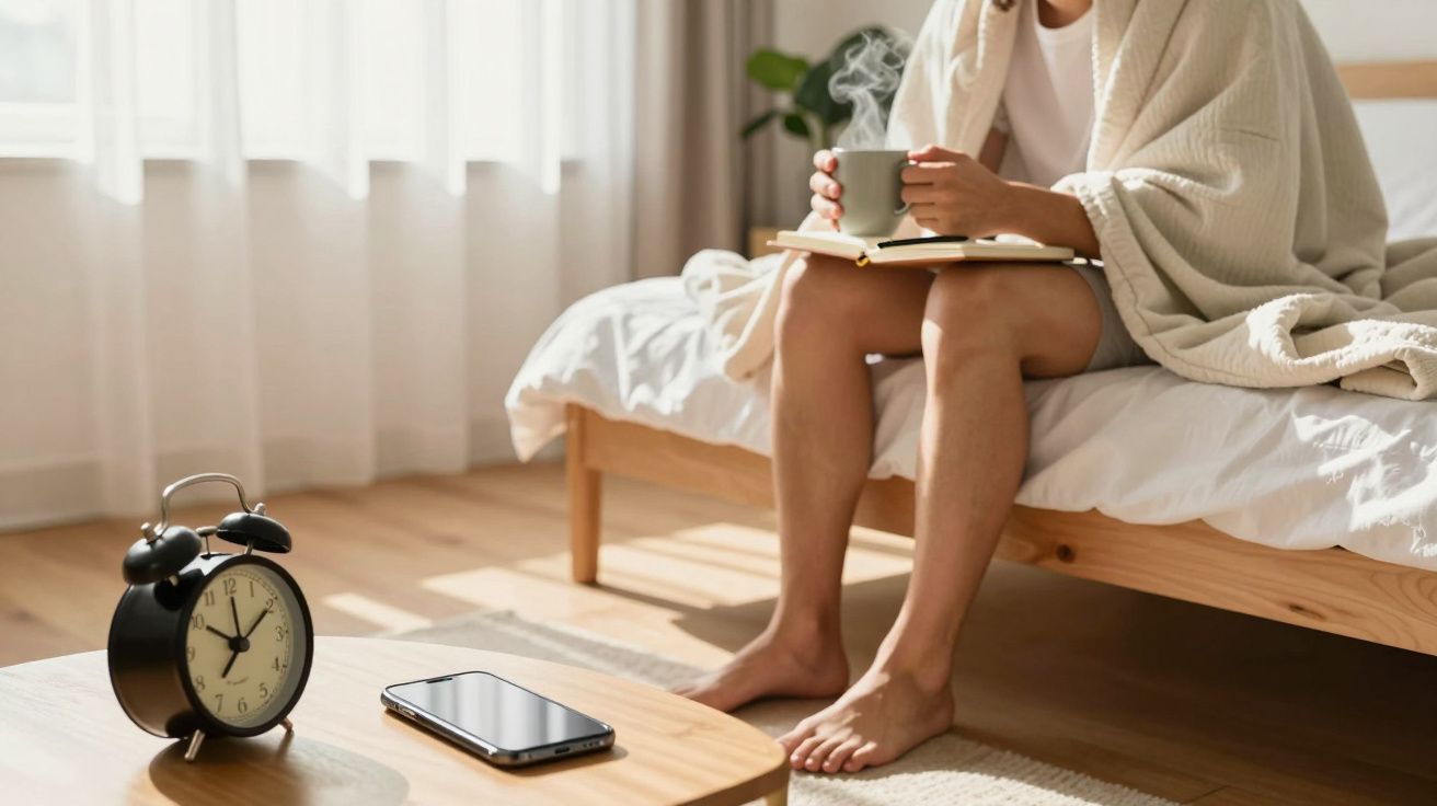 Pessoa sentada na cama coberta com manta, a segurar chá quente, com relógio e telemóvel em mesa próxima.