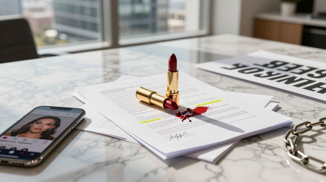 Batom vermelho partido em cima de documentos numa mesa, com telemóvel a mostrar rosto de mulher e corrente metálica.