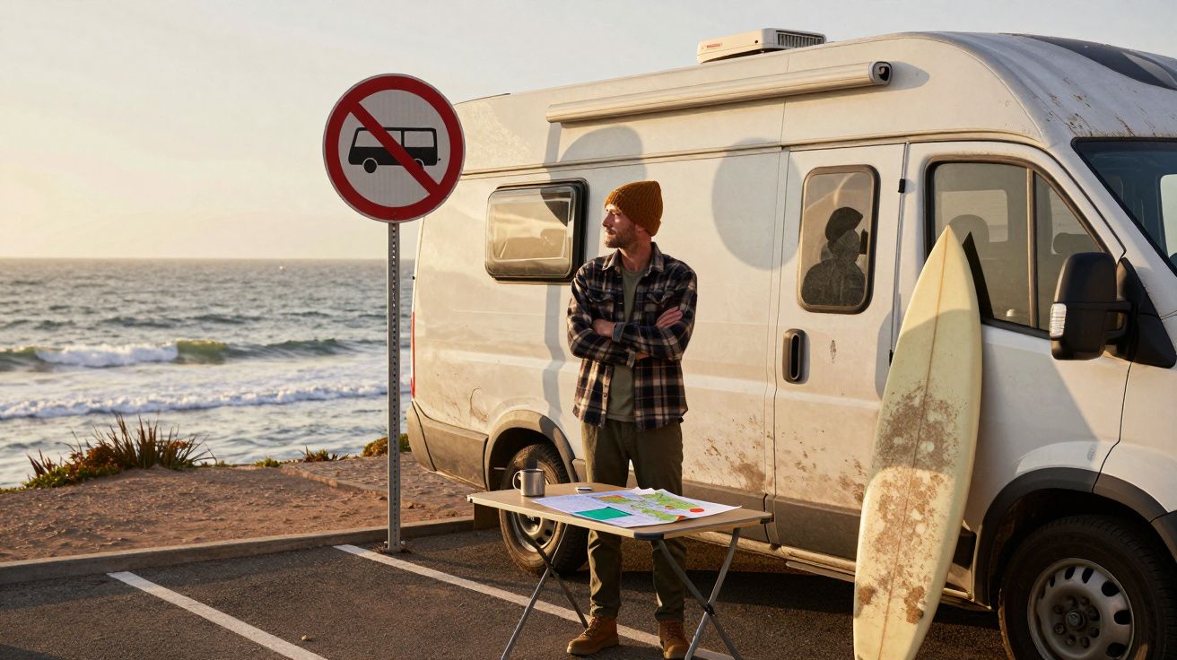 Homem junto a autocaravana e prancha de surf, ao lado de sinal de proibição de autocaravanas junto ao mar.