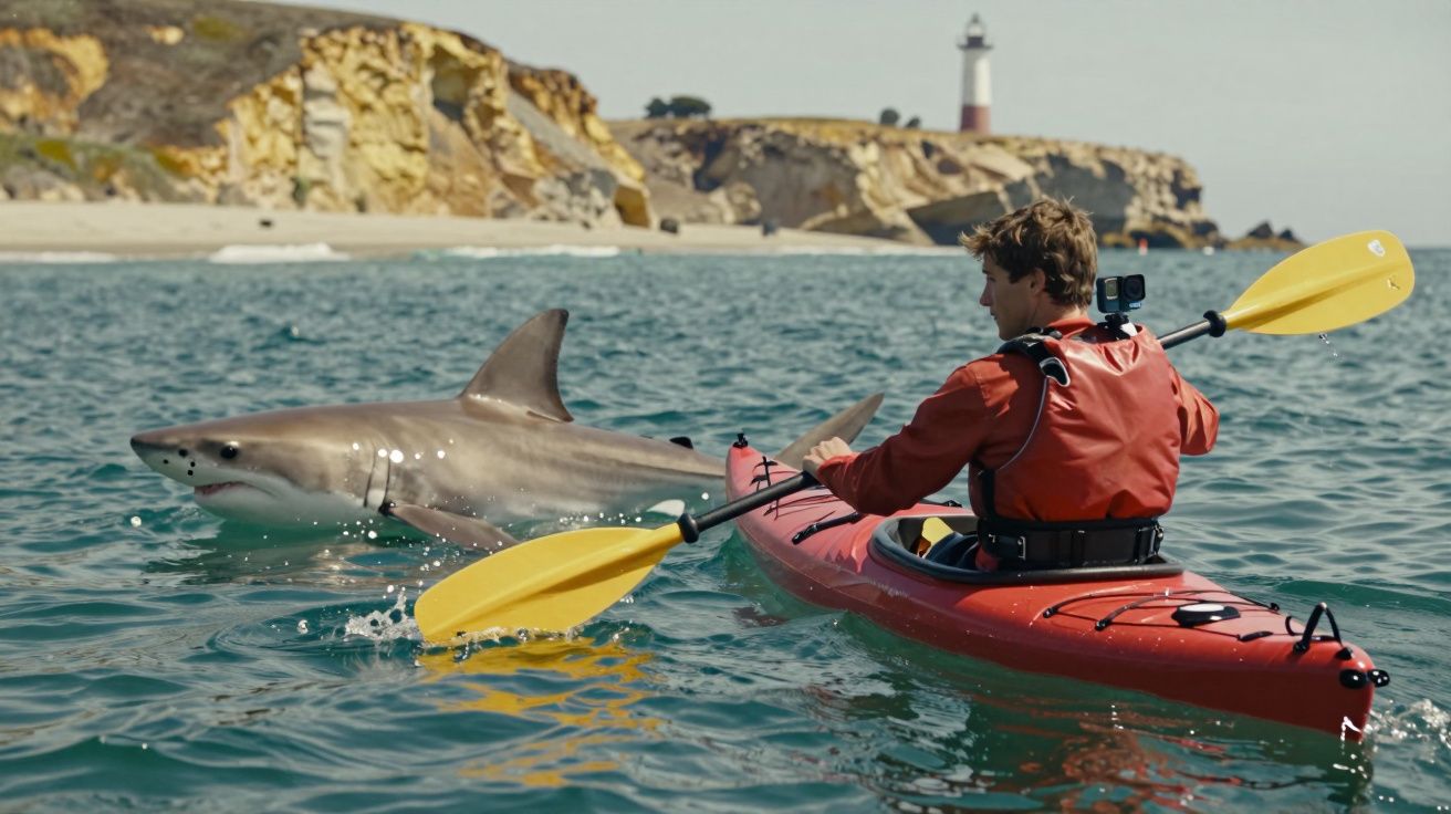 Homem de colete vermelho em caiaque vermelho próximo a um tubarão na água com penhascos e farol ao fundo.